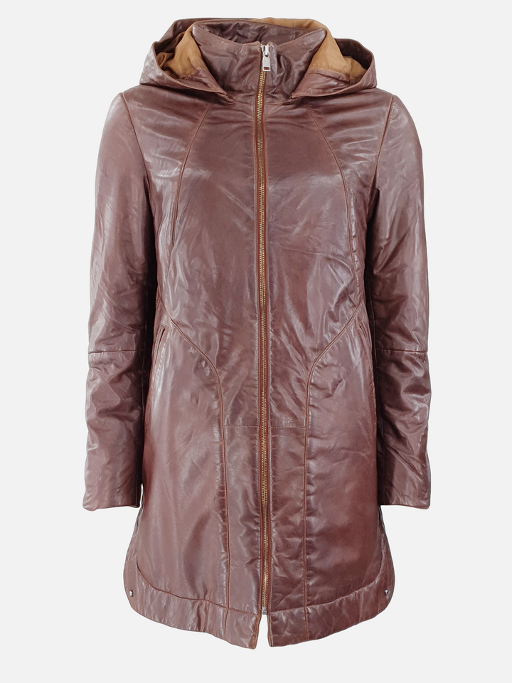 Aliana – Lederjacke mit Kapuze – Damen – Kupferbraun